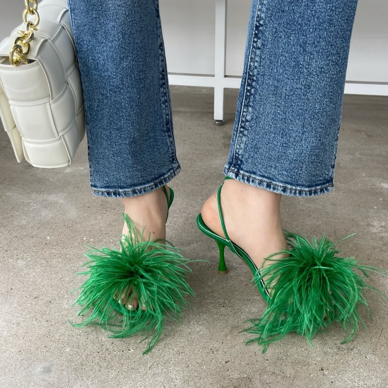 Fashion Feather Women Open Toe Sandal Fluffy Ostrich Fur High Heels