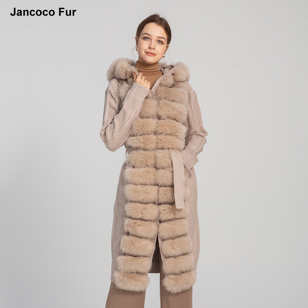 Winter Knitted Scarf Collar Cashmere Sweater Women Long Fox Fur Cardigan with Hooded