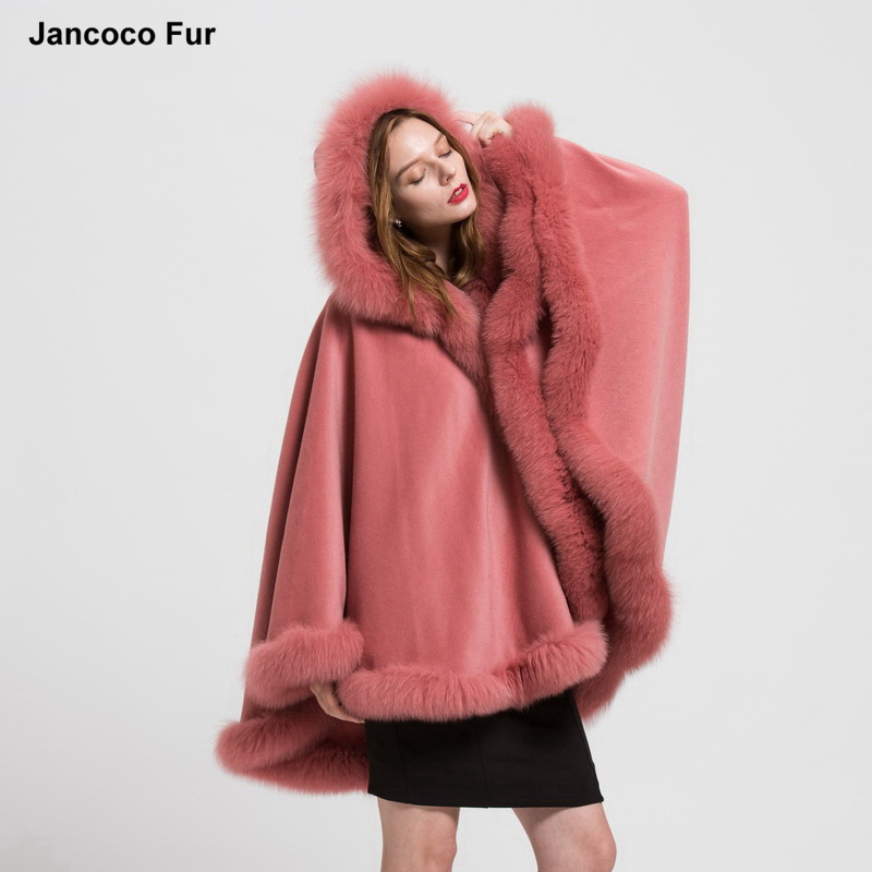 Detachable Hooded Real Fur Shawls Coat Winter Women Fur Capes Ponchos with Genuine Fox Fur Collar