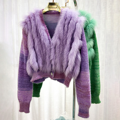 2023 Luxury Long Sleeve V Neck Crop Real Fox Fur Knitted Cardigan Sweater Women