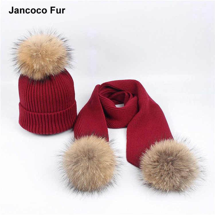 2018 New Style Real Raccoon Fur Pompom Hat & Scarf Solid Adult Hats Women's Autumn Winter Warm Set