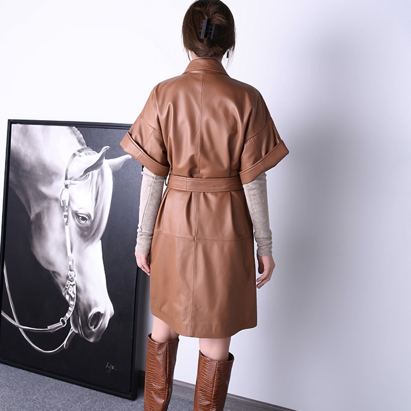 High Quality Sheep Leather Trench Coat Short Sleeves Women Genuine Leather Jacket