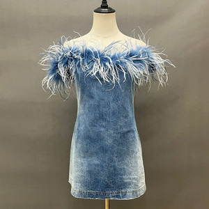 Fashion Sexy Bodycon Jean Denim Evening Dress Women Slim Ostrich Feather Dress