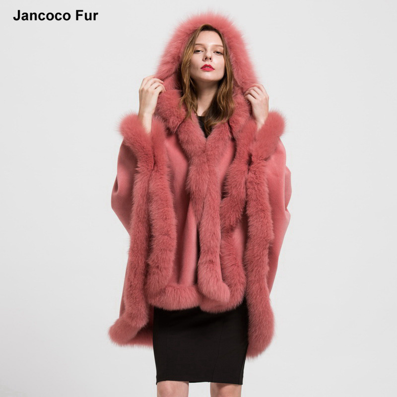 Detachable Hooded Real Fur Shawls Coat Winter Women Fur Capes Ponchos with Genuine Fox Fur Collar