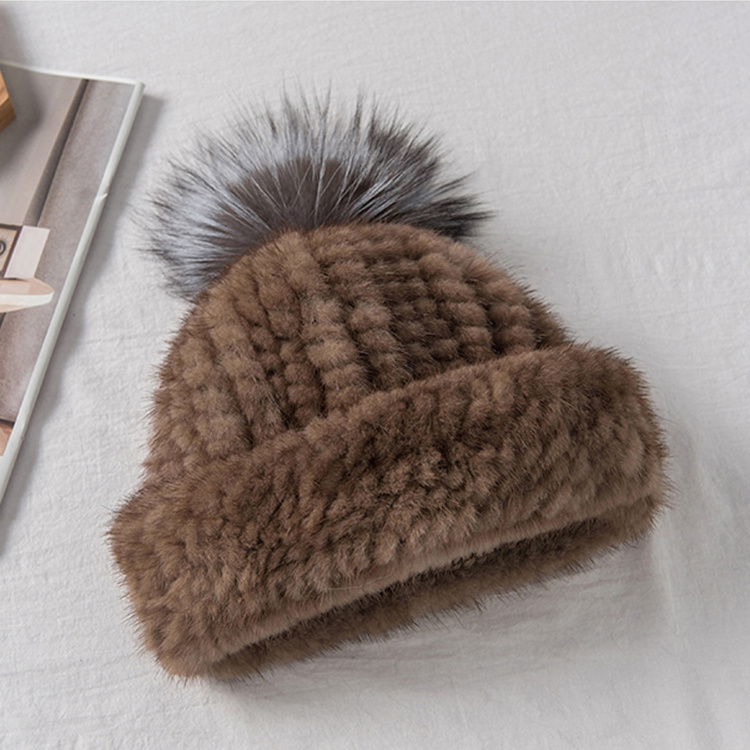 Winter Fashion Warm Mink Fur Knitted Beanie Hat Women Real Fur Pompom Hat