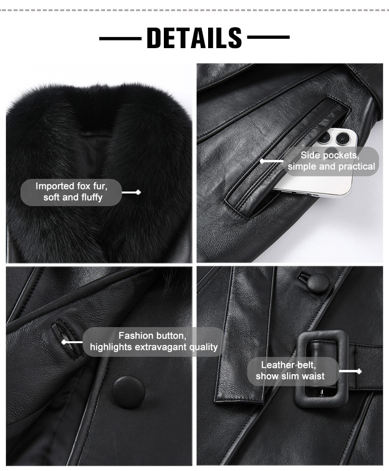 New Arrival Fox Fur collar Trim Leather Coat Women Black Genuine Leather Fur Jacket with Fur