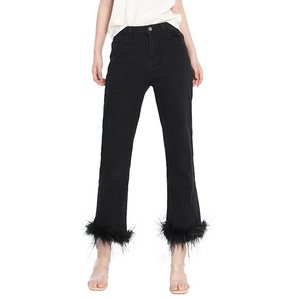 2023 Fashion Design Durable High Waist Denim Jeans For Women with Ostrich Feather