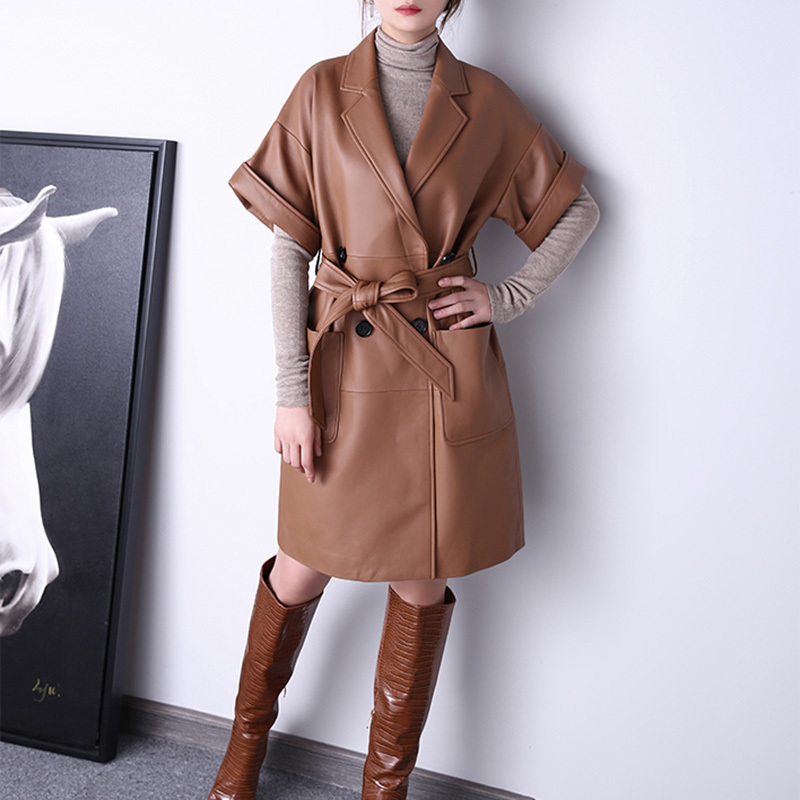 High Quality Sheep Leather Trench Coat Short Sleeves Women Genuine Leather Jacket