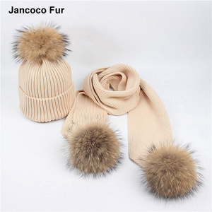 2018 New Style Real Raccoon Fur Pompom Hat & Scarf Solid Adult Hats Women's Autumn Winter Warm Set