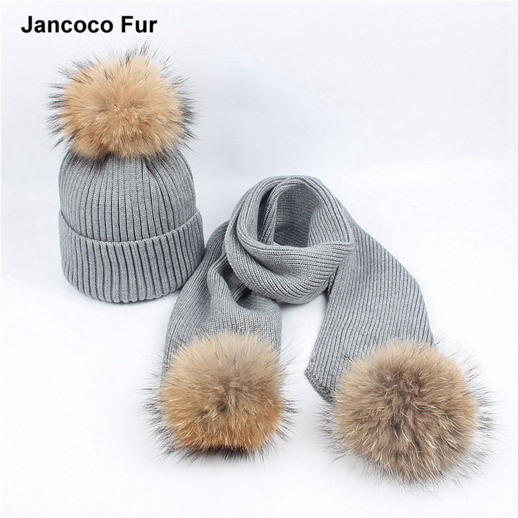 2018 New Style Real Raccoon Fur Pompom Hat & Scarf Solid Adult Hats Women's Autumn Winter Warm Set