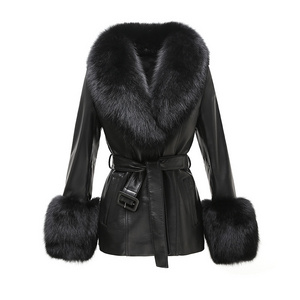 New Arrival Fox Fur collar Trim Leather Coat Women Black Genuine Leather Fur Jacket with Fur