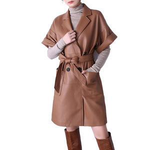 High Quality Sheep Leather Trench Coat Short Sleeves Women Genuine Leather Jacket