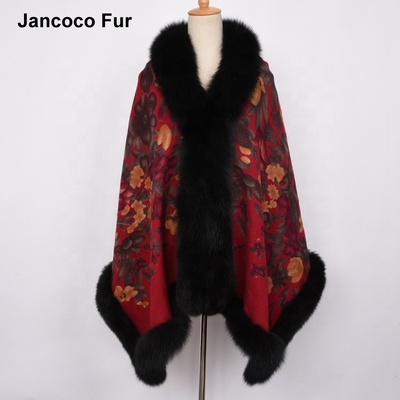 Fashion Style Genuine Fox Fur Collar Trim Wool Cashmere Cape Winter Thick Warm Women Fur Ponchos Shawls