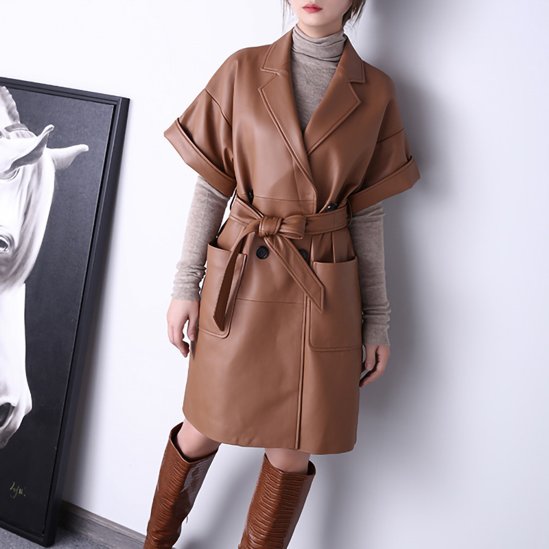 High Quality Sheep Leather Trench Coat Short Sleeves Women Genuine Leather Jacket