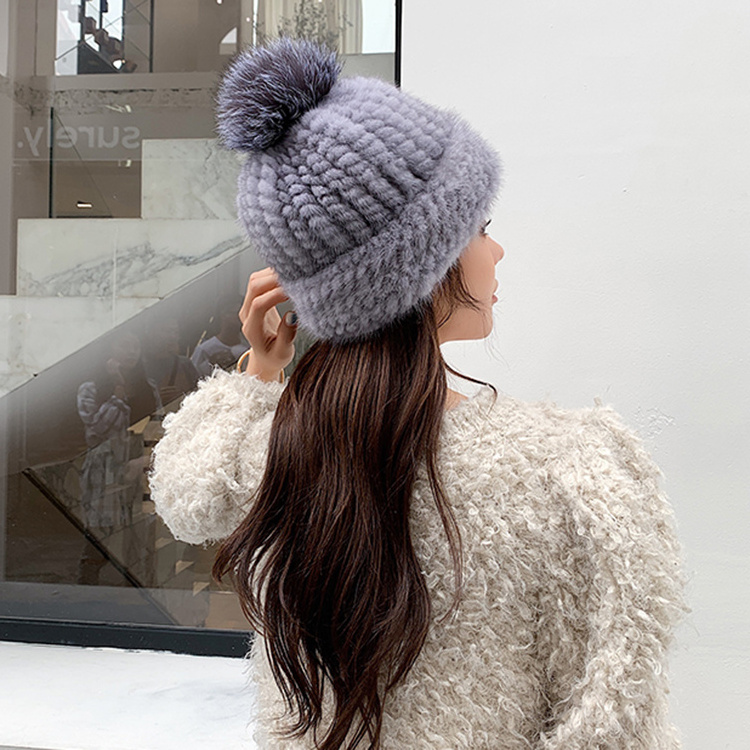 Winter Fashion Warm Mink Fur Knitted Beanie Hat Women Real Fur Pompom Hat