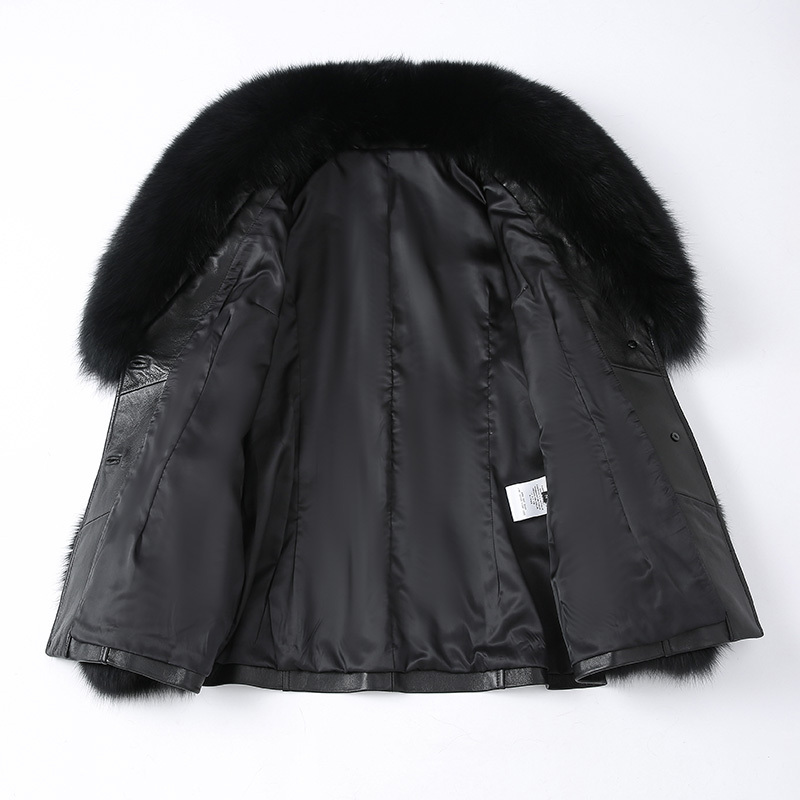 New Arrival Fox Fur collar Trim Leather Coat Women Black Genuine Leather Fur Jacket with Fur