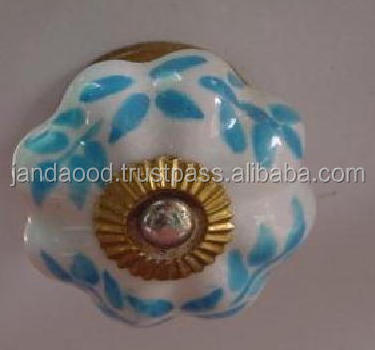 Ceramic Cabinet Knob Hand Painted With Blue Leaf Design Drawer Pulls For Cabinet Door Pulls For Kitchen Home Office