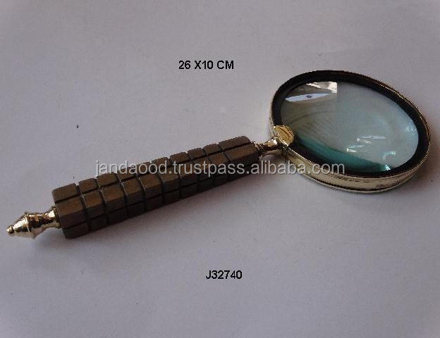 Wooden Handle Magnifying Glass Metal Part in Brass Mirror Polish Men Gift Newspaper Reader Magnifier