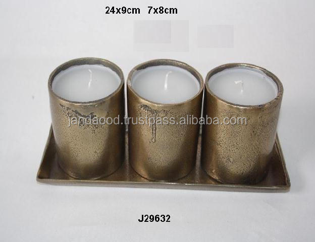 Rough Brass finished Candle Holder Three Votives on Tray in Aluminium with Wax Christmas Decor Metal Crafts