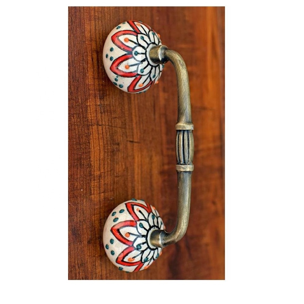 Red Ceramic Knob Antique Cabinet Door Handle Classic Metal Bridge Handle with Handmade Ceramic Knobs for Dresser Wardrobe