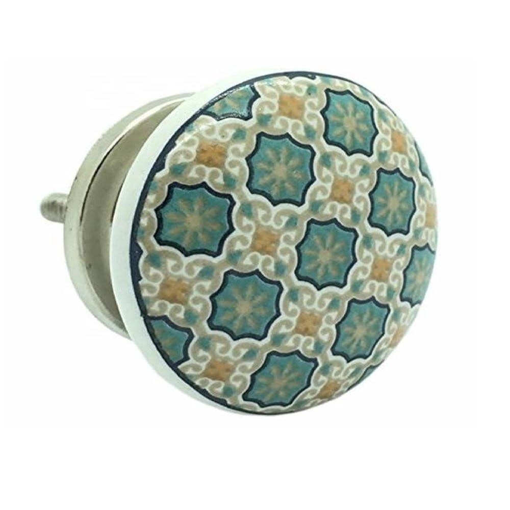 Handmade Vintage Sky Blue and Golden Dresser Hardware Pulls Antique Ceramic Drawer Pulls Round Floral Flat Cabinet Knobs