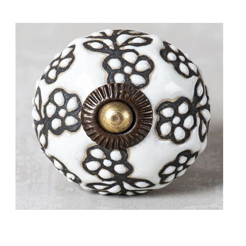 Brown and White Embossed Floral Round Shape Hand Painted Ceramic knob Ceramic Drawer Pulls Kitchen Cabinet Door Handles