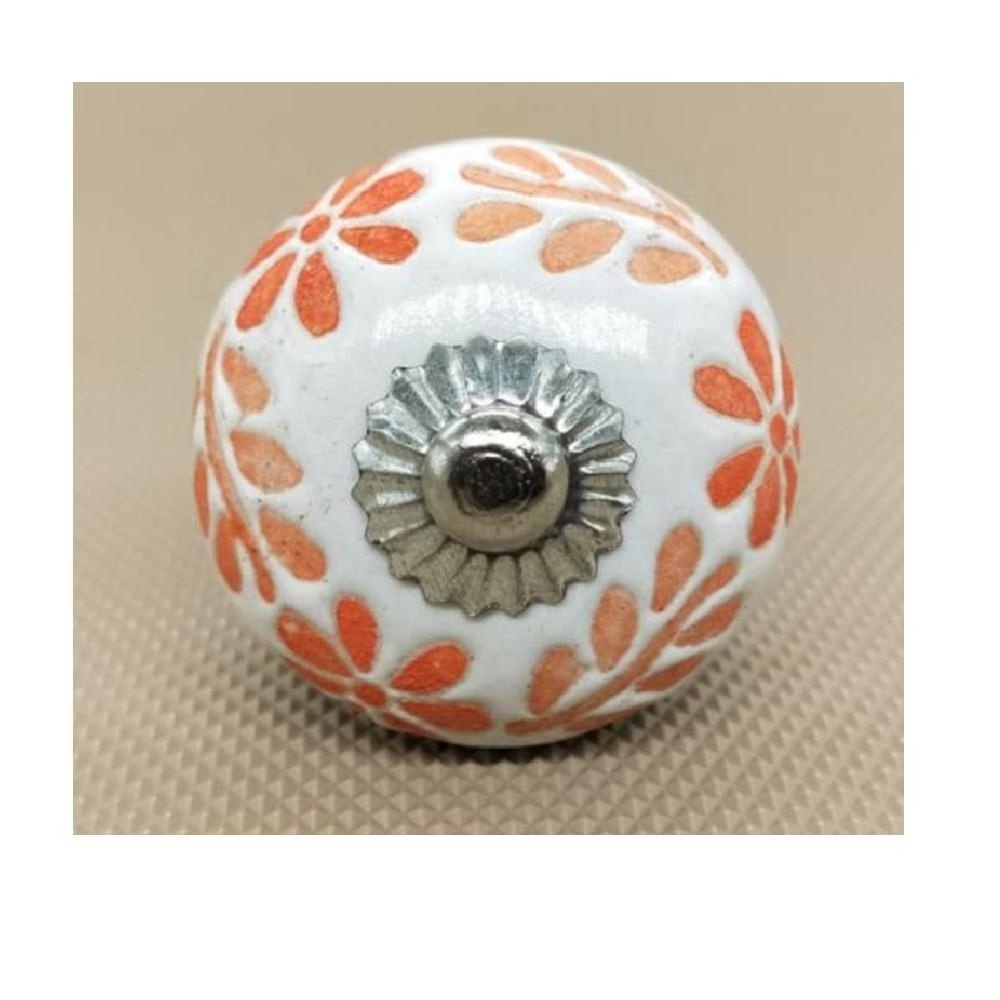 Brown and White Embossed Floral Round Shape Hand Painted Ceramic knob Ceramic Drawer Pulls Kitchen Cabinet Door Handles