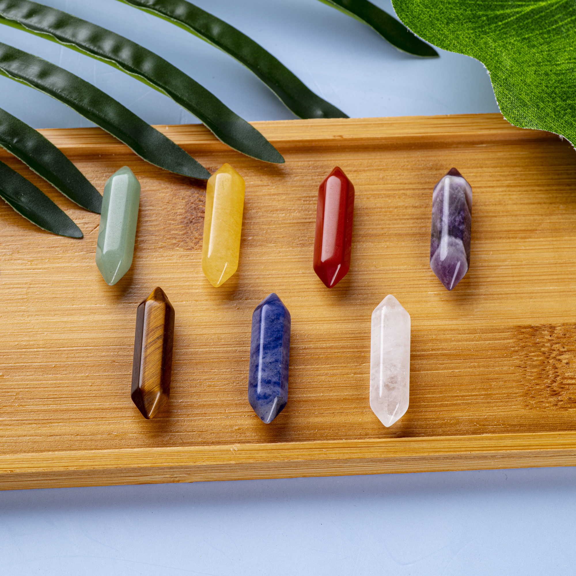 Natural Polished Crystal Chakra Wand Healing Crystal Points Bulk High Quality Gemstone Wand with Wooden Metatron Crystal Grid