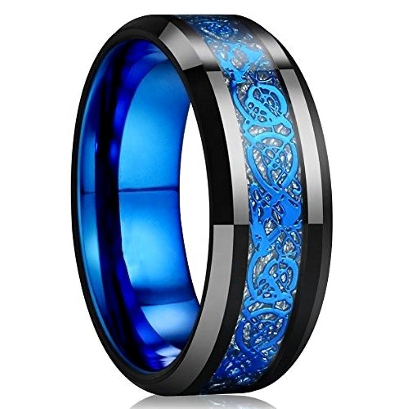 Men Blue Celtic Dragon Two Tone Blue Black Color Tungsten Carbide Male Ring