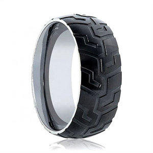 Mens Wedding Band Tire Tread Laser Carved Pattern 8mm Tungsten Carbide Ring