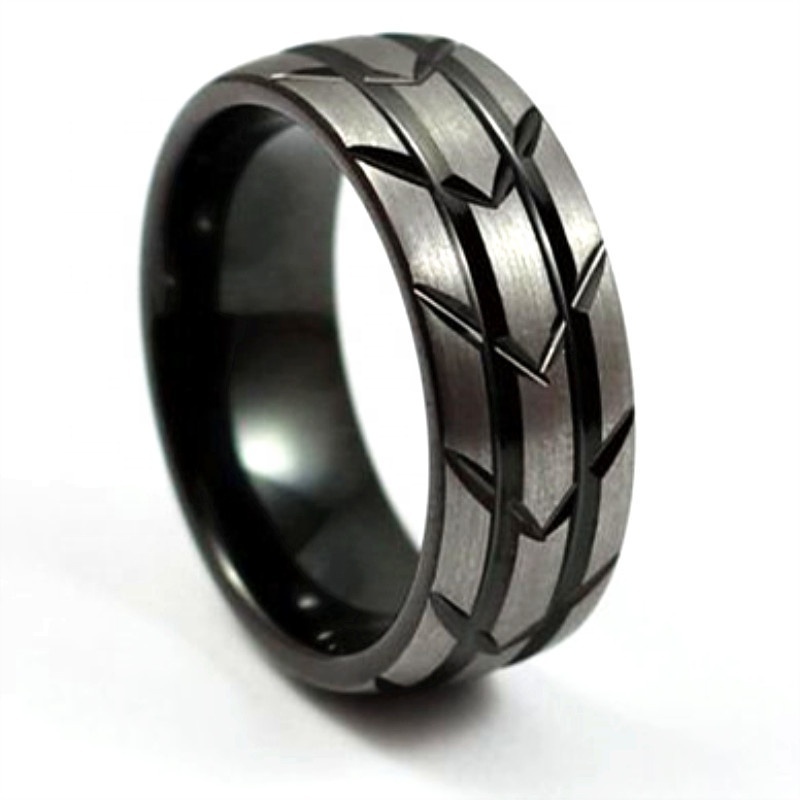 Brushed Gunmetal Black Plated Groove Tire Tread Design Comfort Fit 8MM Tungsten Men's Ring