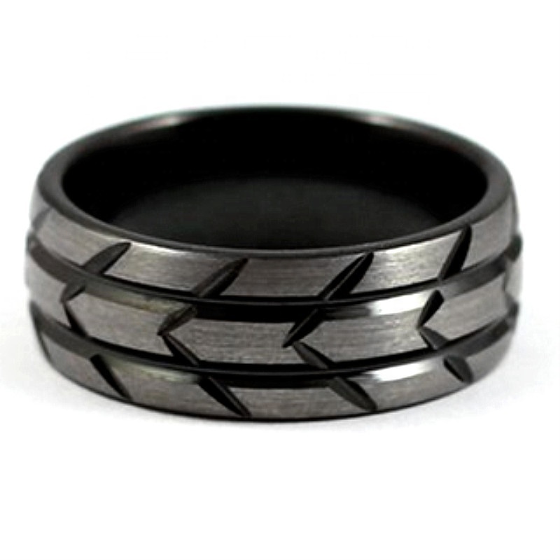 Brushed Gunmetal Black Plated Groove Tire Tread Design Comfort Fit 8MM Tungsten Men's Ring