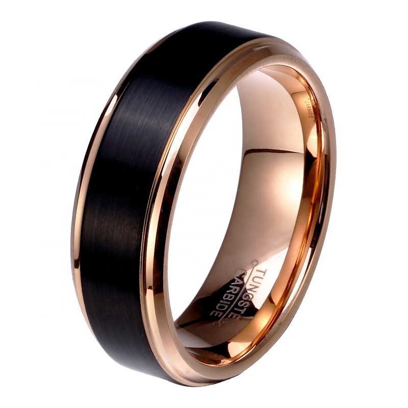 Trendy Products IP Rose Gold Ridged Edges Brushed Center Black Tungsten Man Ring