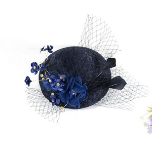 Navy Blue Church Hat Tea Party Banquet Formal Flower Top Hats Bridal French Wedding Hat For Women Ladies