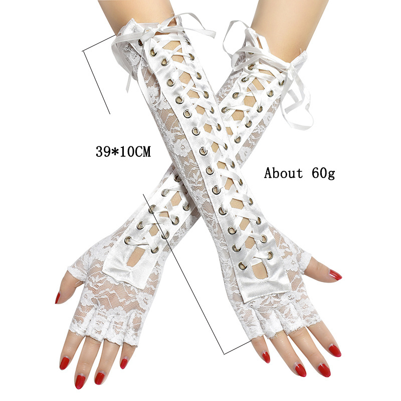 Wedding Bride Gloves Lace Bridal Dress Long Fingerless Ribbon Rivets Accessories Party Black White Glove