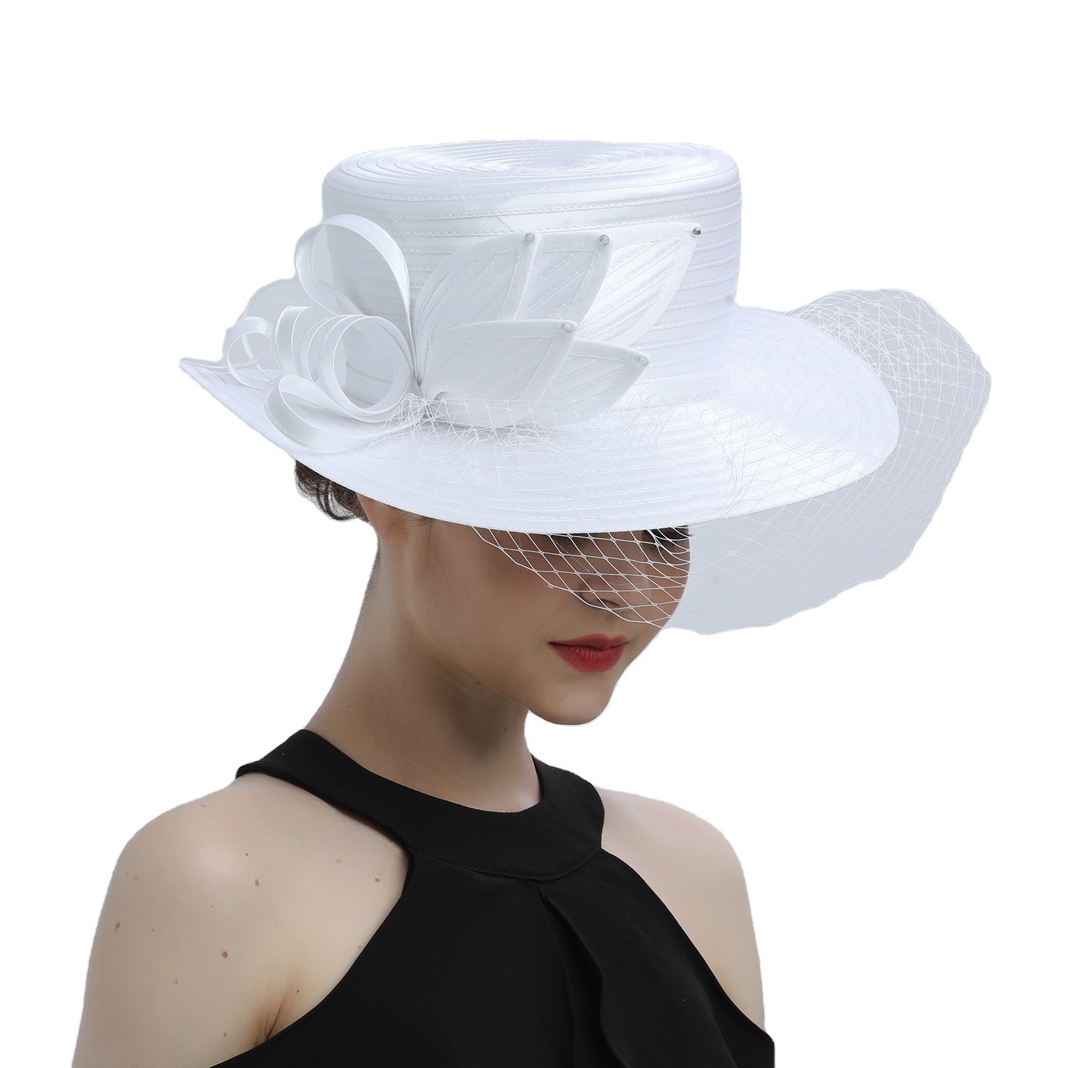 Deluxe White Church Hats Party Fascinator Kentucky Derby Hats Banquet Satin Cloth Sun Hats Hair Accessories For Women