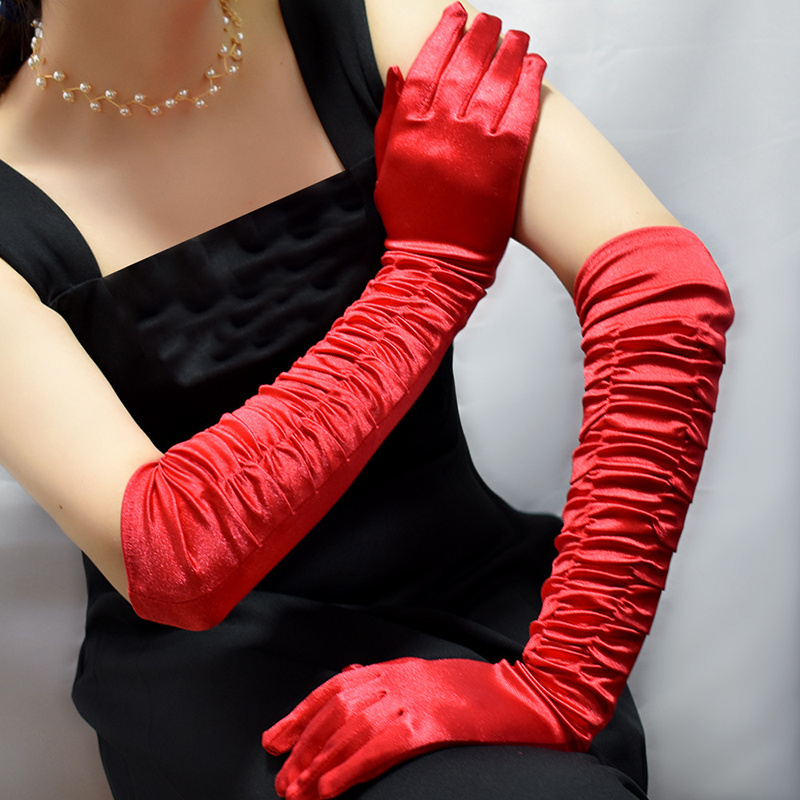 Women Party Gloves Long Sleeve Wrinkled Black White Satin Fabric Lady Fashion Beauty Glove for Party