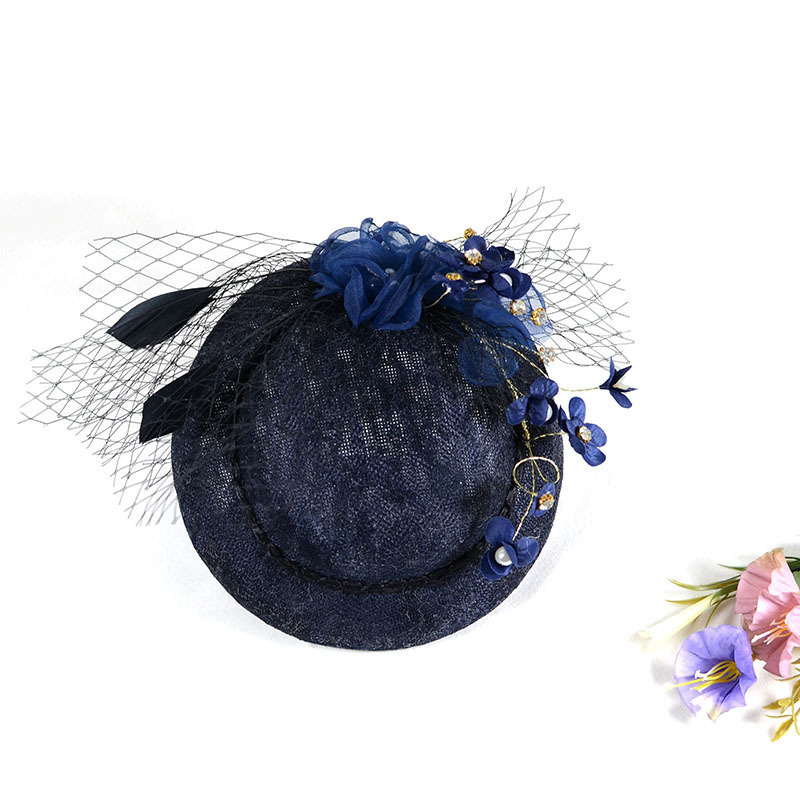 Navy Blue Church Hat Tea Party Banquet Formal Flower Top Hats Bridal French Wedding Hat For Women Ladies