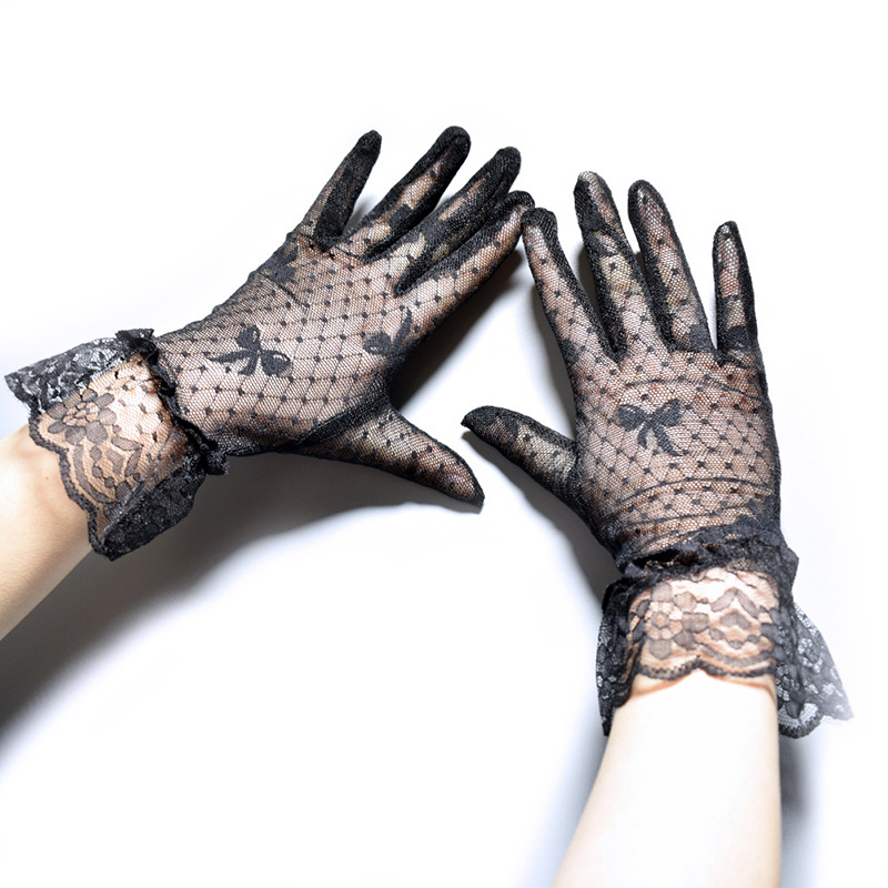 Black Bowknot Jacquard Glove Women Fashion Lace Fabric Bridal Gloves for Wedding Party Decoration