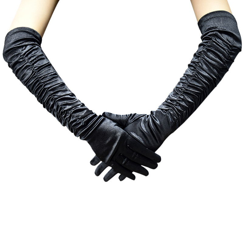 Women Party Gloves Long Sleeve Wrinkled Black White Satin Fabric Lady Fashion Beauty Glove for Party