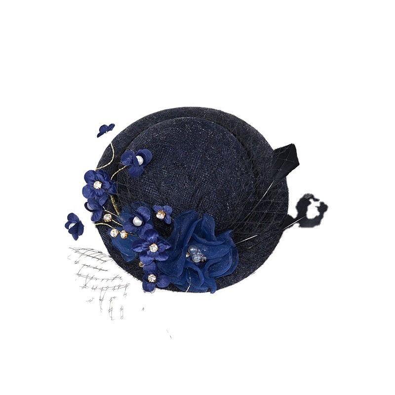 Navy Blue Church Hat Tea Party Banquet Formal Flower Top Hats Bridal French Wedding Hat For Women Ladies