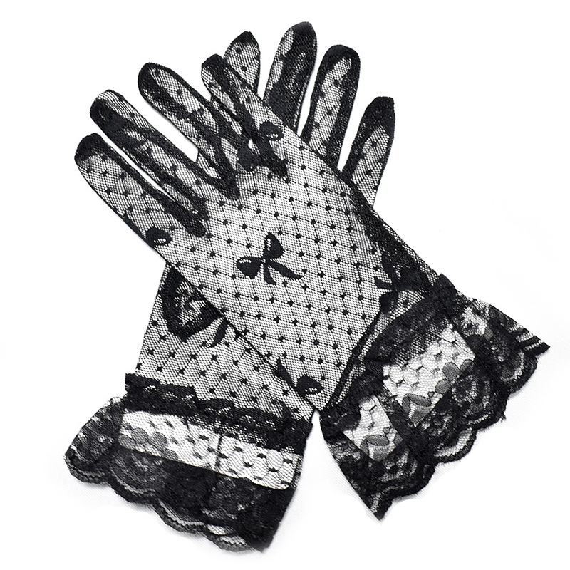 Black Bowknot Jacquard Glove Women Fashion Lace Fabric Bridal Gloves for Wedding Party Decoration