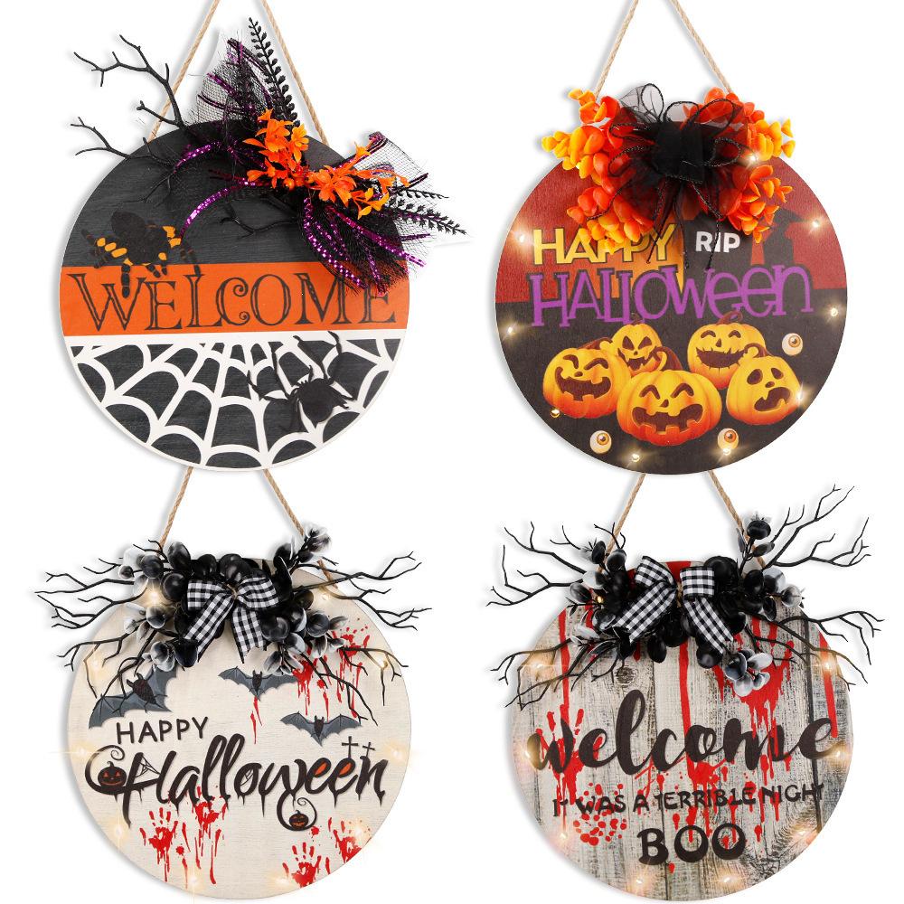 Halloween Welcome Door Sign Front Doors Round Wooden Welcome Sign Wreaths Door Hanger Wall Home Outdoor Yard Porch Decorations