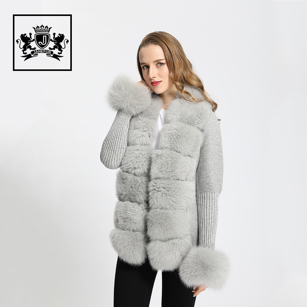 Wholesale Ladies Autumn Winter Knitted Fox Fur Trim Wool Fur Sweater