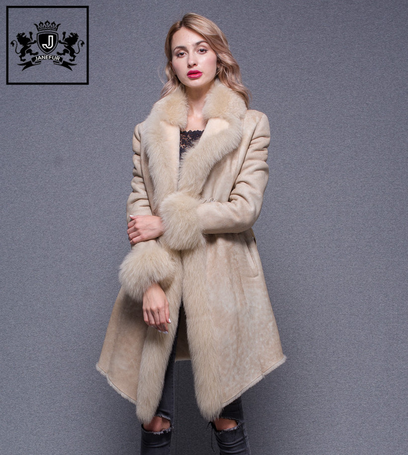 2018 Warm Real Soft Fox Fur Collar Trim Cuff Sheep Fur Jacket Lambskin Leather Coat Women