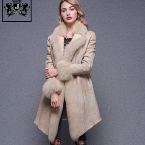 2018 Warm Real Soft Fox Fur Collar Trim Cuff Sheep Fur Jacket Lambskin Leather Coat Women