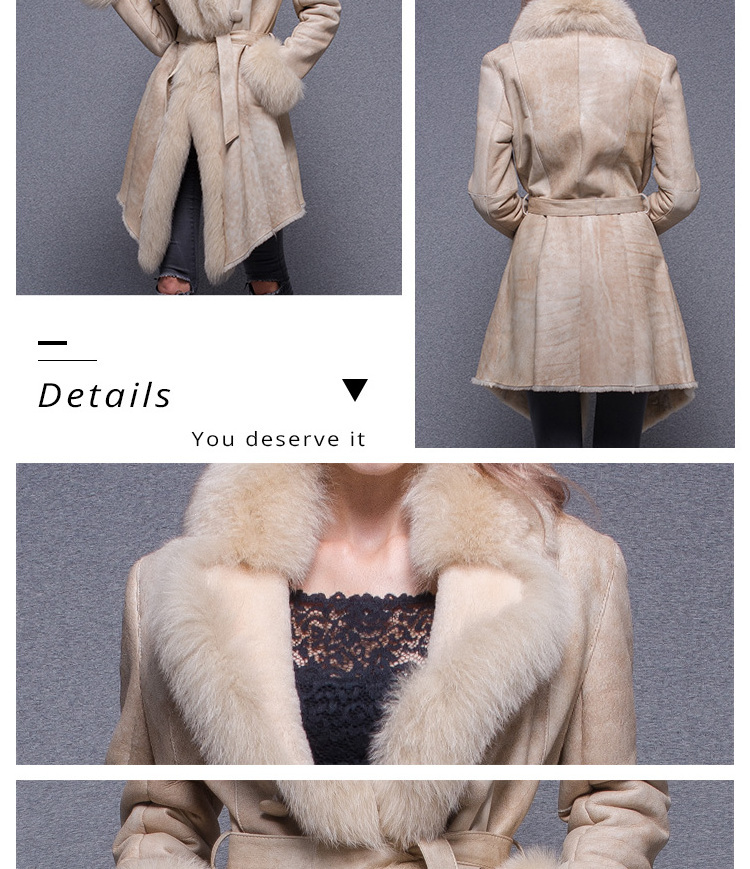 2018 Warm Real Soft Fox Fur Collar Trim Cuff Sheep Fur Jacket Lambskin Leather Coat Women