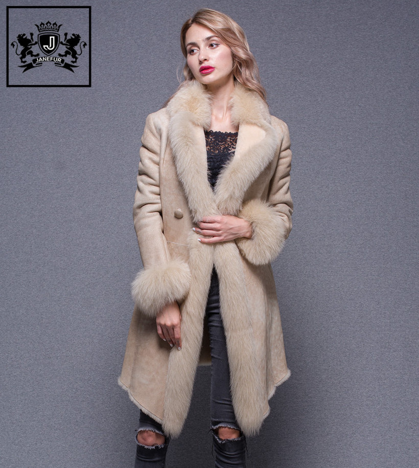 2018 Warm Real Soft Fox Fur Collar Trim Cuff Sheep Fur Jacket Lambskin Leather Coat Women