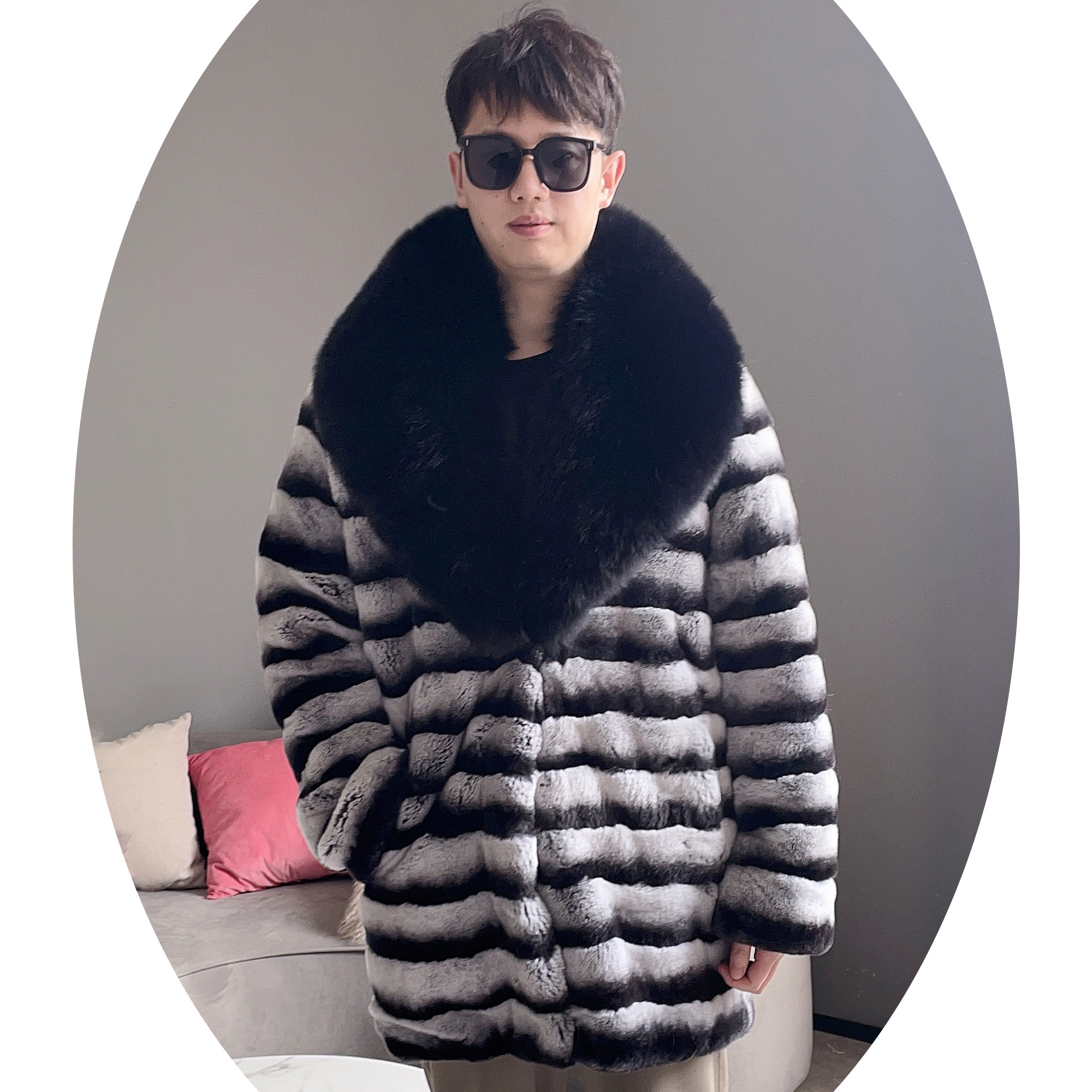 Janefur Unisex Real Rex Rabbit Fur Coat Custom Winter Men Stylish Big Fox Fur Collar Chinchilla Rabbit Fur Dyed Coats