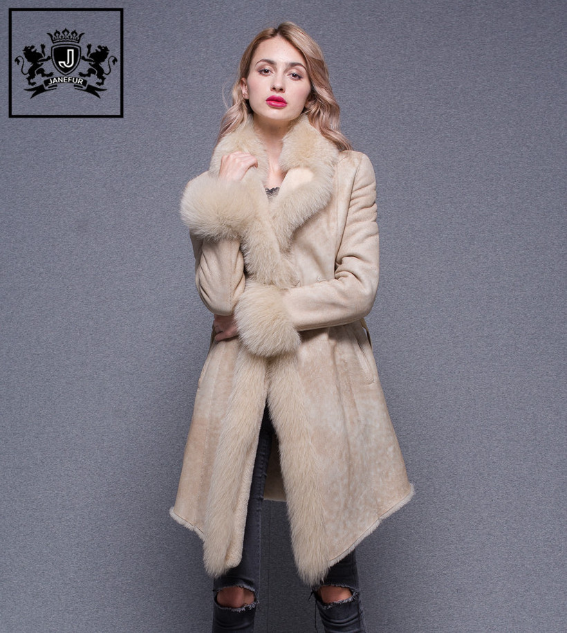 2018 Warm Real Soft Fox Fur Collar Trim Cuff Sheep Fur Jacket Lambskin Leather Coat Women